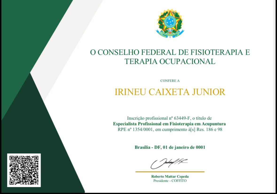 Certificado de Especialista Profissional em Fisioterapia em Acupuntura, COFFITO