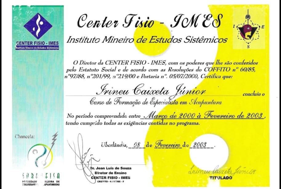 Certificado de Formação de Especialista em Acupuntura, Center Fisio-IMES